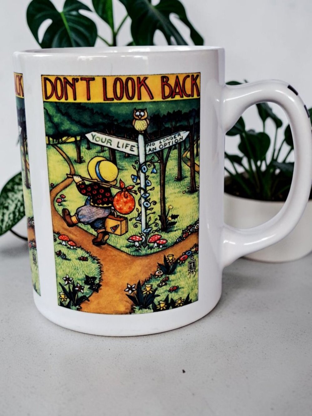 Vtg Mary Engelbreit Don't Look Back Ceramic Coffee Tea Cup Mug Life Crossroads